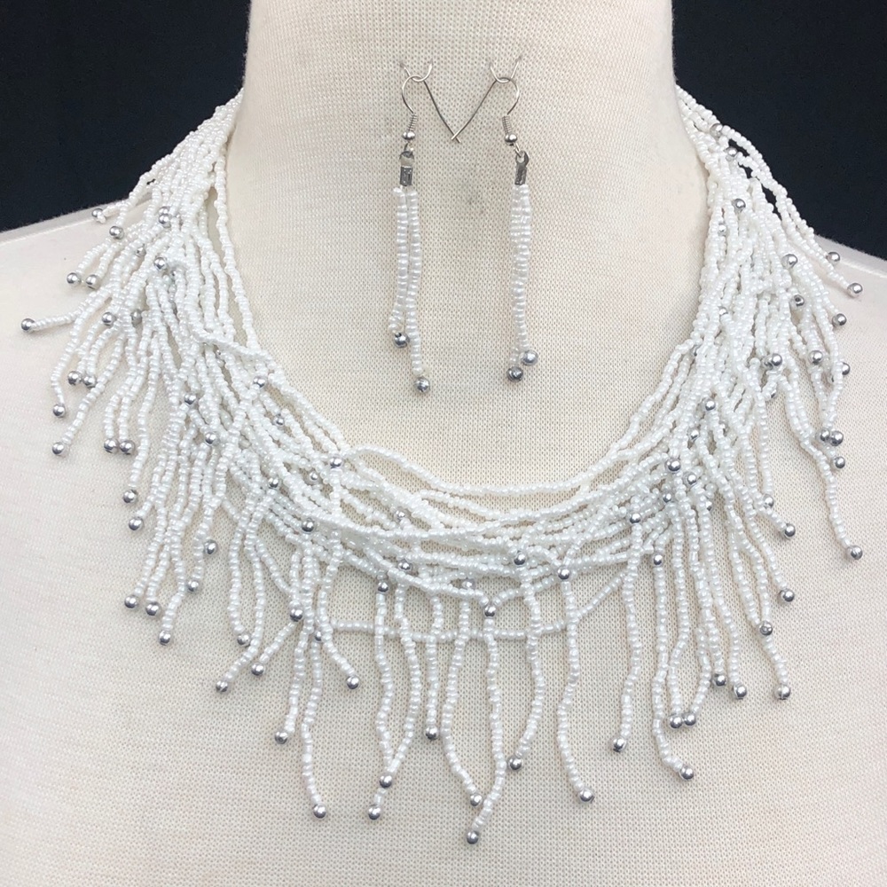 White Seed Bead Crazy Drop Necklace Earrings Set